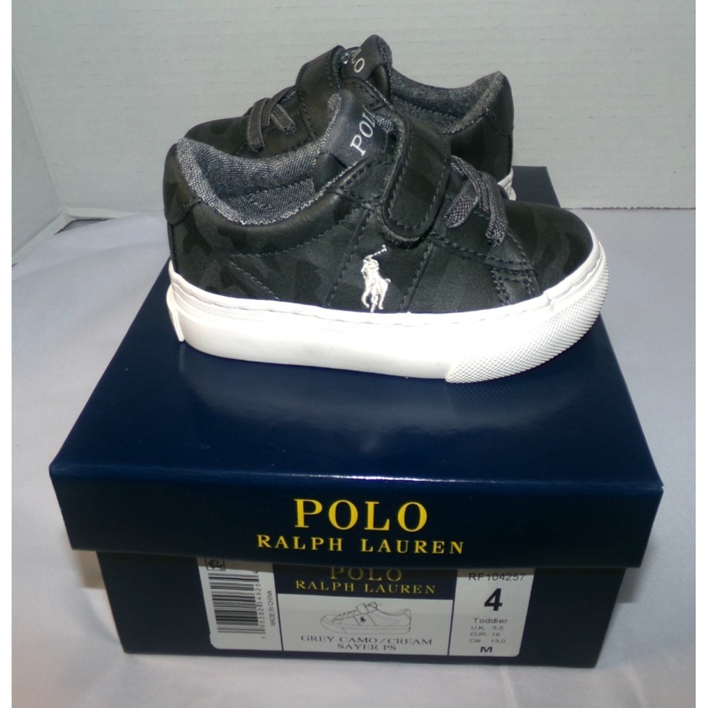 NIB POLO RALPH LAUREN SAYER GREY CAMO SHOES~SZ‎ 4~TODDLER~